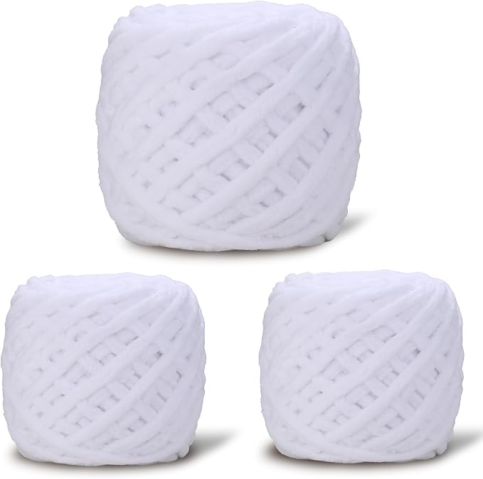 3 Pack Plush Chenille Chunky Yarn for Crocheting 100g(54.6yd) - Bulky Thick Fluffy Yarn for Knitting- Soft Velvet for Baby, Blanket Knitting Blanket Yarns- Amigurumi Yarns (3-White)