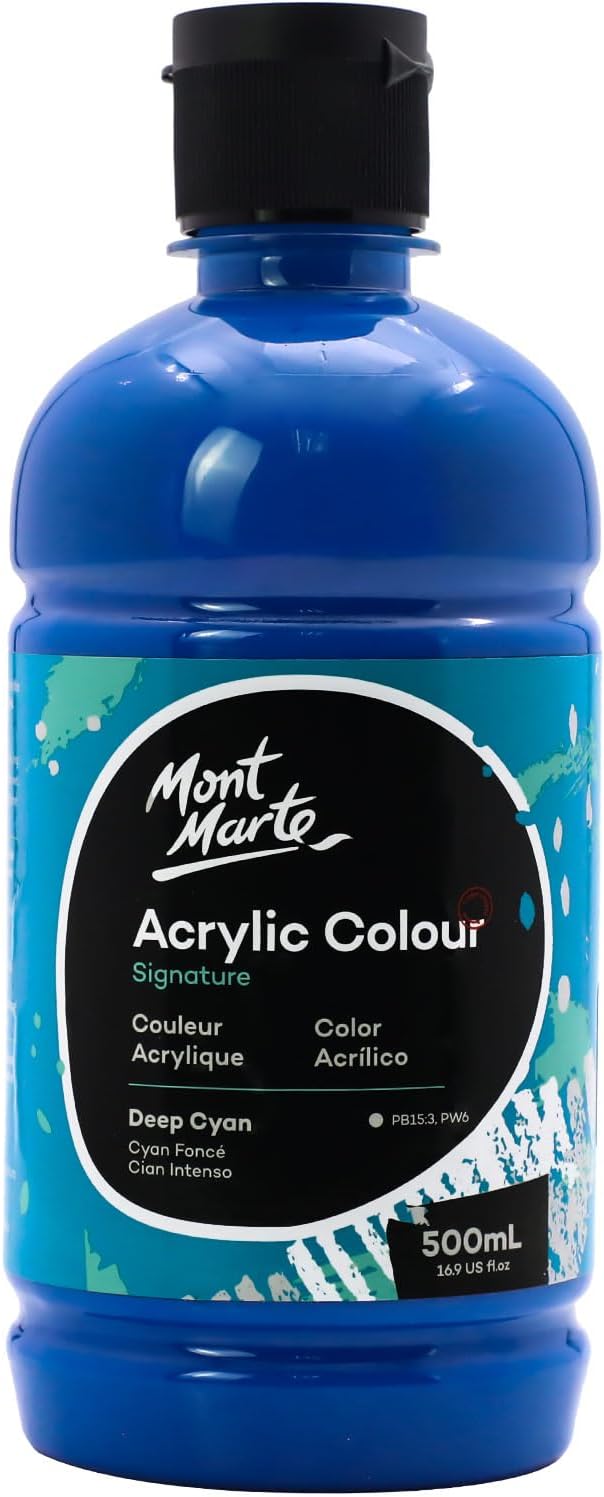 Mont Marte Signature Deep Cyan Acrylic Paint, 16.9oz (500ml), Semi-Matte Finish, Suitable for Canvas, Wood, Fabric, Leather, Cardboard, Paper, MDF and Crafts