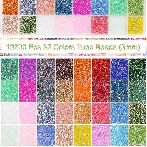 EuTengHao 19200Pcs Tube Beads Kit 3mm Glass Bugle Seed Beads for Jewelry Making Embroidery & Home Decor (32 Vibrant Colors)