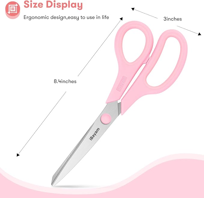 iBayam 8.5" Scissors All Purpose, 2.5mm Sharp Blade, 3 Cute School Office | Soft Comfort-grip, Left/Right Handed, Cuts Cardboard, Fabric, Vinyl & Leather for Office, Classroom, School & Craft Desk