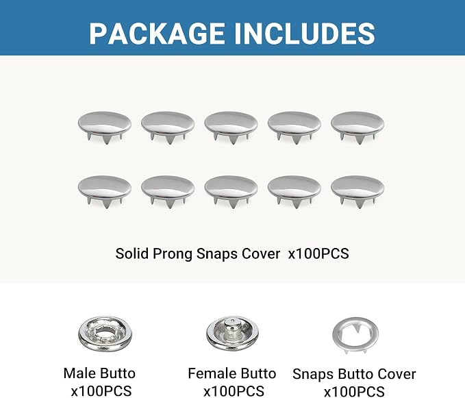 100 Sets Metal Snap Buttons, Sterling Silver Solid Sewing Snaps for Fabric, Prong Snap Button Kits for DIY Crafting Clothing Sewing (9.5mm / 400 PCS)