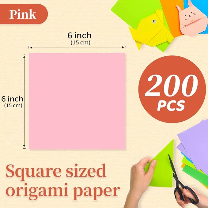 IOOLEEM Origami Paper, 200 Sheets, Pink Origami Paper, 6 Inch Square, Double Sided Colored Paper for Crafts DIY Party & Decoration
