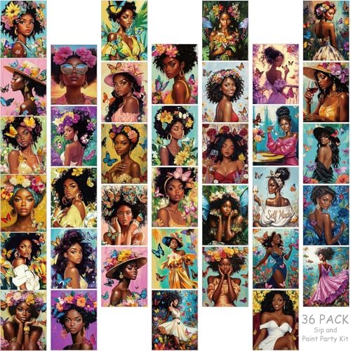 Harloon 36 Pcs 8 x 10 Inch Pre Drawn Canvas for Painting Afro Flower Butterfly Queen Pre Stretched Canvas Painting for Adults Outline for Sip and Paint Party Supplies Favor (Butterfly Queen)