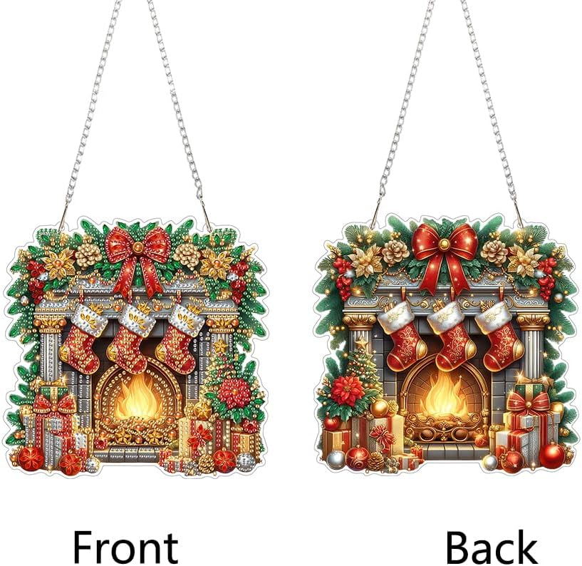 EIBEILI Diamond Art Painting Kits Special Shaped Rhinestone 5D Diamond Art Window Pendants Home Garden Wall Hanging Kits Hanging Ornament，Double Sided（Christmas Fireplace ）