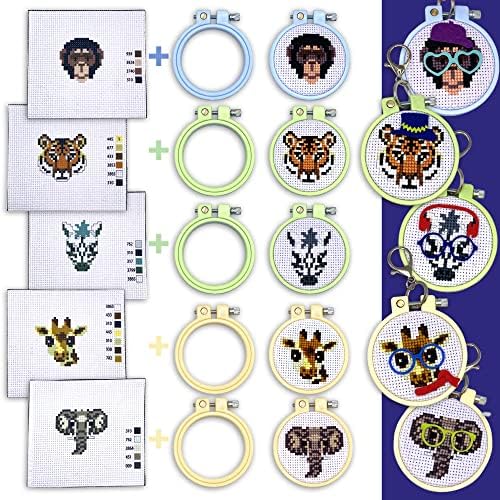 Safari Cross Stitch Kits for Kids - 5 Stamped Beginner Needlepoint Sets