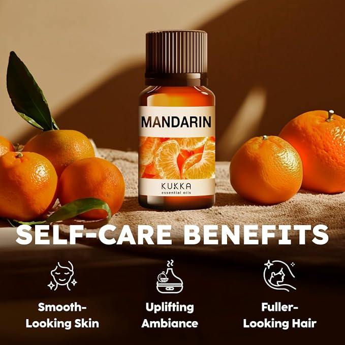 Kukka 100% Pure Mandarin Essential Oil for Skin, Diffuser, 0.34 Fl Oz | Undiluted Mandarin Oil for Calming Diffuser Blends, Hair Care, Skin Care & DIY Soap Making
