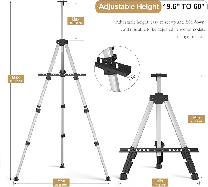Art Painting Display Easel Stands - Portable Adjustable Floor Artist Easels | Aluminum Metal Tripod Silver Stands with Bags, Sturdy for Table-Top/Floor Painting, Drawing, Displaying - Silver 2 pack