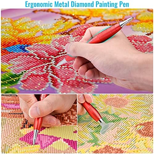 Benote Ergonomic Diamond Art Painting Pen, Metal Diamond Drill Pen Tools 5D Diamond Accessories Painting with Multi Replacement Pen Heads and Wax for DP Cross Stitch - Red