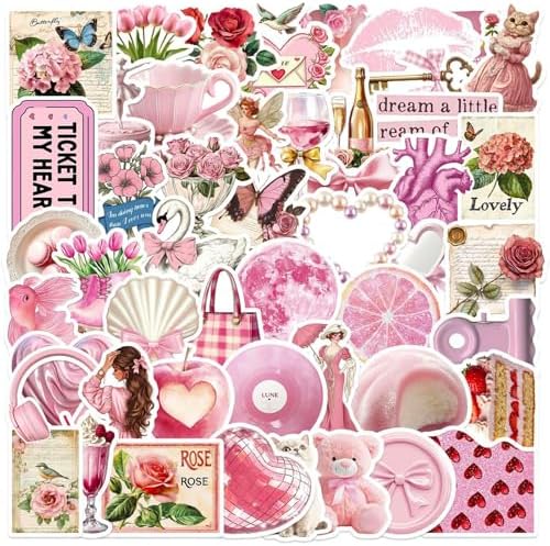 DothRayan 100pcs Vintage Pink Girls Stickers, Y2K Coquette Pink Aesthetic Waterproof Stickers for Water Bottles,Laptop Scrapbook Computer Phone Guitar Aesthetic Decals
