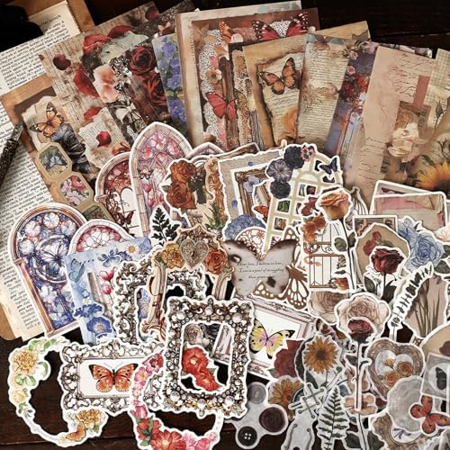 200PCS Vintage Scrapbook Paper Journaling Scrapbooking Supplies Kit Retro Decorative Craft Paper Assorted for Bullet Junk Journals Card Making Craft DIY, Butterfly Waltz
