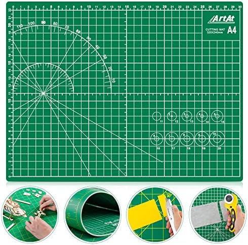 ArtAt Self Healing Cutting Mat: 9"x12" Non-Slip PVC Double Sided 5-Ply A4 Art Craft Rotating Mat, Rotary Cutting Mat for Quilting, Sewing Crafts Hobby Fabric Precision Scrapbooking Project Green