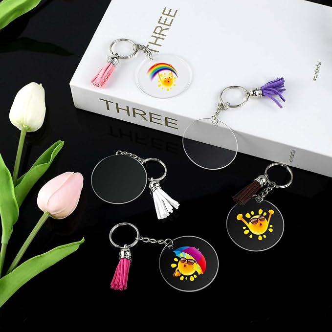 48 Pieces Acrylic Keychain Blanks Set Including Clear Circle Keychains Blank & Key Rings & Tassels & Jump Chain for Vinyl Crafting DIY Crafts Projects Ornament Transparent Round Keychains Bulk Kit