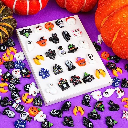 FOIMAS Halloween Resin Flatback Charms,100pcs Pumpkin Ghost Spider Embellishment Resin Miniatures for Halloween Ornament Supply