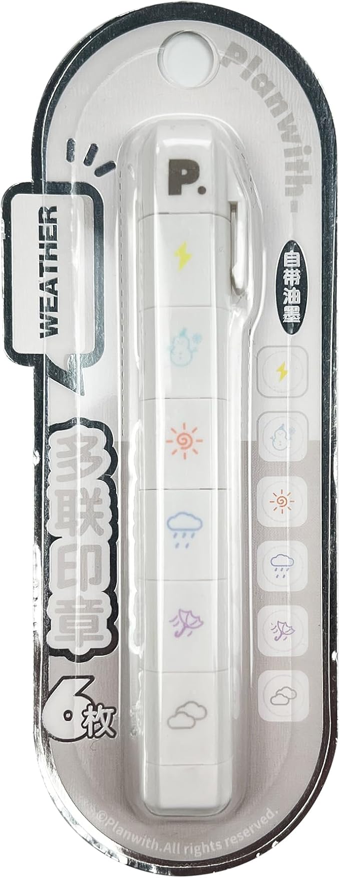 6-in-1 Retractable Pre-Inked Pen Roller Stamp – Weather Theme Self-Inking Stamp Includes Thunder/Lightning, Snow, Sunny, Rain, Wind, Cloudy – Rotatable Detachable Design for Weather Tracking, Planner