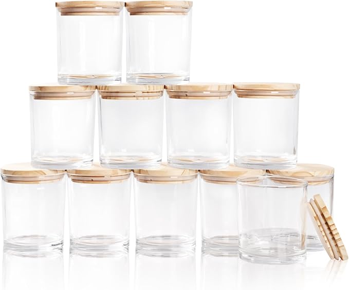 SHOWIN Thick Candle Jars for Making Candles 12 Pcs, 10 OZ Clear Empty Jars with Wood Lids for Candle Making, Sample Container