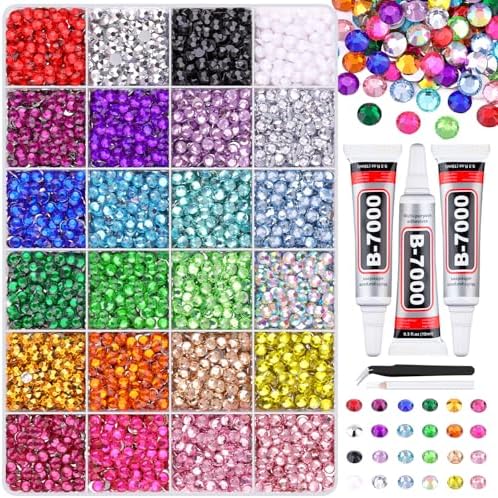 6600Pcs Resin Rhinestones for Crafting with Tweezers, Multicolor 5mm Bedazzling Crystal with 3Pcs 10ml B7000 Jewelry Glue for DIY Crafts Clothing Tumblers Shoes Fabric Nail Art
