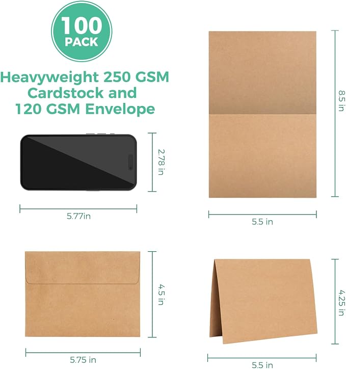 Ohuhu A2 Blank Brown Kraft Cards and Self-Seal Envelopes 100 Pack | 4.25" x 5.5" Folded Cardstock Paper and A2 Envelopes for DIY Greeting Cards Wedding Birthday Invitations and All Occasions