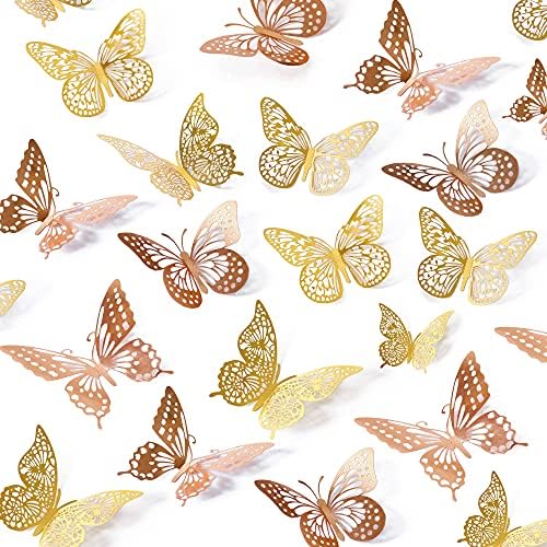 SAOROPEB 3D Butterfly Wall Decor, 48 Pcs 4 Styles 2 Color 3 Sizes, Removable Metallic Wall Sticker Room Mural Decals for Kids Bedroom Nursery Classroom Party Decoration (2 Color) | 4 Styles 2 Color 3 Sizes, Removable Metallic Wall Sticker Room Mural De...