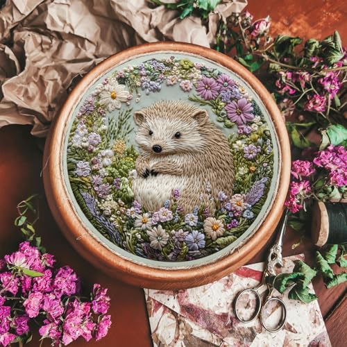 FONNUY Embroidery Kit for Beginners, Cute Hedgehog Stamped Embroidery Patterns Kits for Adults with Hoop, Easy to Follow Sewing Thread Needlework, 8'' Hoop (Adorably Spiky)