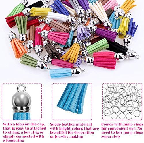 PAXCOO Tassels for Jewelry Making, 50pcs Leather Tassel Keychain Charms Bulk with 50pcs Jump Rings for Bracelets, Acrylic Key Chain Blanks and Craft Supplies