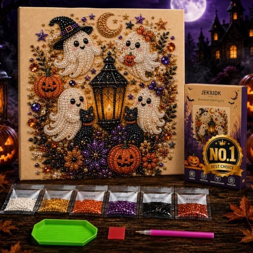 Halloween Pearl Art Kit for Adults 3D Diamond Painting DIY Craft Bead Mosaic with Ghost Pumpkin Witch Raven Skull Cow Design Options for Spooky Seasonal Home Decor and Creative Holiday Activity