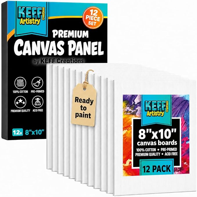 KEFF Canvas for Painting - 12-Pack 8x10 Canvas Value Pack - 100% Cotton Triple Primed Small Canvases for Painting. Mini Canvases Bulk Set for Acrylic, Oil, Watercolor&Tempera - Art Supplies for Adults