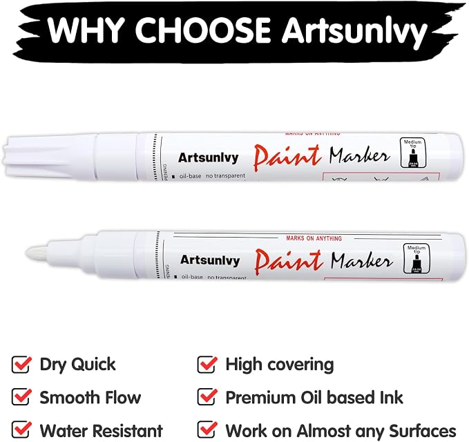 Artsunlvy Black Paint Pens Permanent Markers - 2 Pack Oil Based Quick Dry Waterproof Markers for Plastic, Tire, Rubber,Wood, Rocks, Metal, Canvas, Dark Surface,Craft Art Supplies,Medium Point
