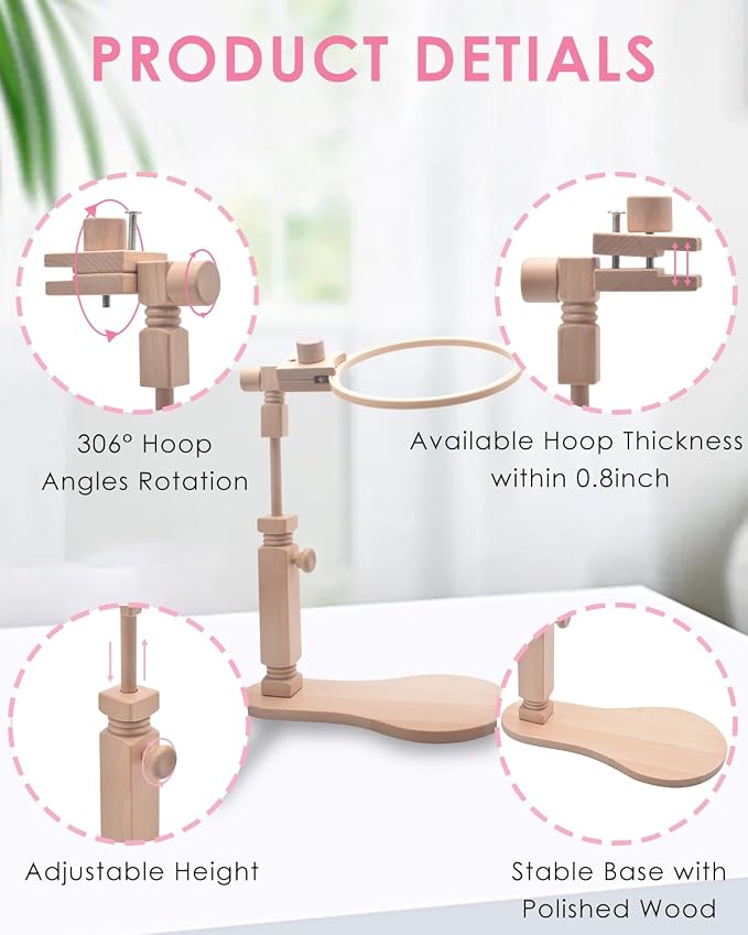TINDTOP Beech Wood Embroidery Hoop Stand, with 3pcs Embroidery Hoops