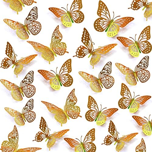 SAOROPEB 3D Butterfly Wall Decor 48 Pcs Laser Gold Butterfly Decorations | 4 Styles 3 Sizes, Birthday Decorations Butterfly Party Decorations&Butterfly Cake Decorations-Removable Gold Butterfly