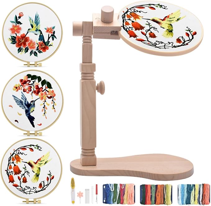 TINDTOP Beech Wood Embroidery Hoop Stand, with Hummingbird Embroidery