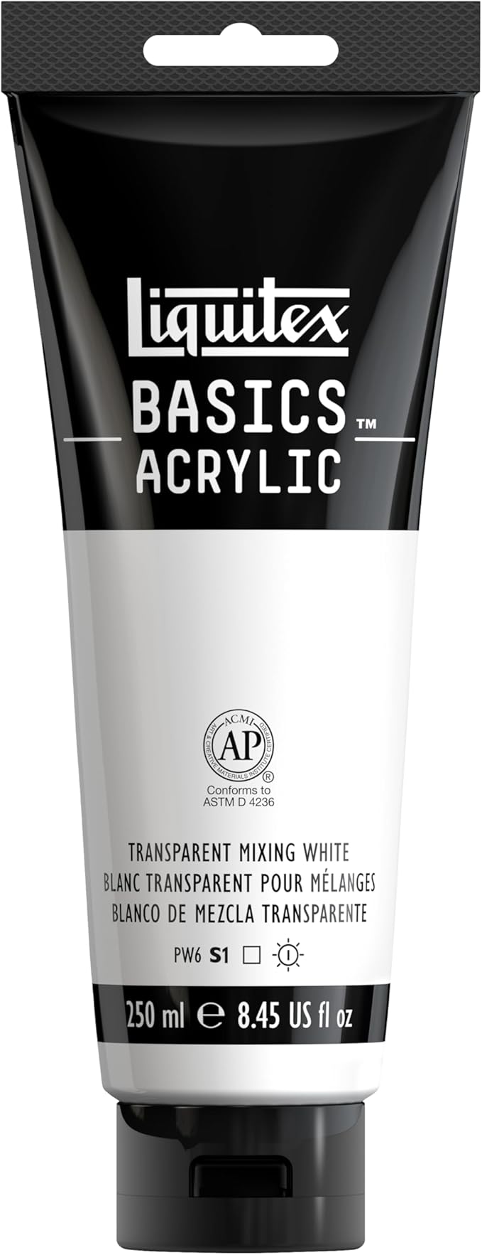 Liquitex BASICS Acrylic Paint, 8.5-oz Tube, Transparent Mixing White | Medium Viscosity, Satin Finish, Lightfast, Fine Art Pigments, Range of Opacities, Easy Blending