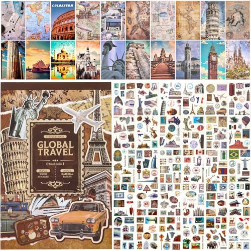 Scrapbook Stickers - 300 Pre-Cut Washi Stickers & 20 Scrapbook Papers for Travel Journaling