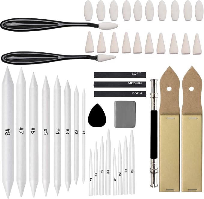 46 PCS Blending Stumps and Tortillions with Charcoal Stick | Sandpaper Pencil Sharpener Pointer, Compressed Charcoal Sticks, For Student Artist Sketch Drawing Shading