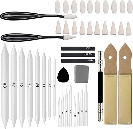 46 PCS Blending Stumps and Tortillions with Charcoal Stick | Sandpaper Pencil Sharpener Pointer, Compressed Charcoal Sticks, For Student Artist Sketch Drawing Shading