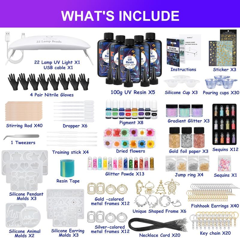 KISREL UV Resin Jewelry Making Kit - 500g Crystal Clear UV Resin, Large Light with 22 Beads and Jewelry Molds, Fast Curing for Keychains, Earring Making, DIY Craft Decorations
