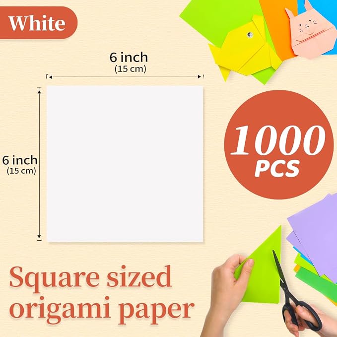 IOOLEEM White Origami Paper, 1000 Sheets, 6 Inch Square, Double Sided Colored Paper for DIY Crafts