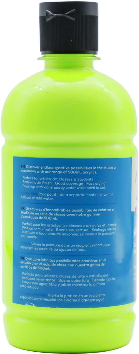 Mont Marte Signature Fluoro Yellow Acrylic Paint, 16.9oz (500ml), Semi-Matte Finish, 12 Colors, Suitable for Canvas, Wood, Fabric, Leather, Cardboard, Paper, MDF and Crafts