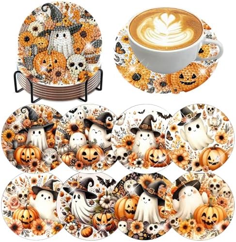 8 Pack Halloween Diamond Art Coasters,Ghost Diamond Painting Coasters Kits