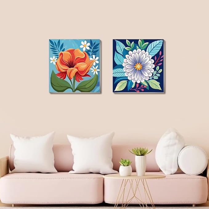 Canrichshop 4 Pack Framed Paint by Numbers Kit for Adults Beginner & All Ages 8-12 and More,Flowers Painting by Numbers, DIY Number Painting for Adults for Decor Present 8X 8 inch