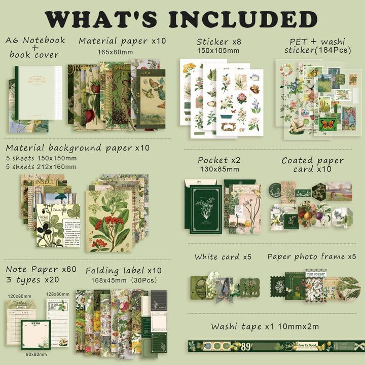 Draupnir Scrapbooking Supplies Kit,Vintage Botanical Aesthetic Scrapbook Kit for Junk Journal, Stationery,Bullet A6 Grid Notebook DIY Scrapbook Birthday Craft Gift for Teen Girl Kid Women