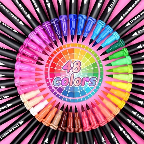 48 Colors Dual Markers Brush Pens, Art Markers Colored Pens for Adult Coloring Books, Brush and Fine Point Dual Tip Artist Colored Marker Set