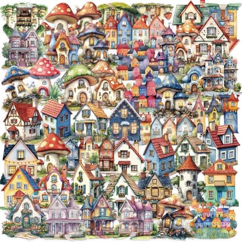 50PCS Fairy Tale Cottage Stickers – Waterproof Clear Stickers of Whimsical Fantasy Houses, Mushroom Homes & Vintage Storybook Buildings for Scrapbooking, Journaling, Art Crafts,Water Bottle, Laptop
