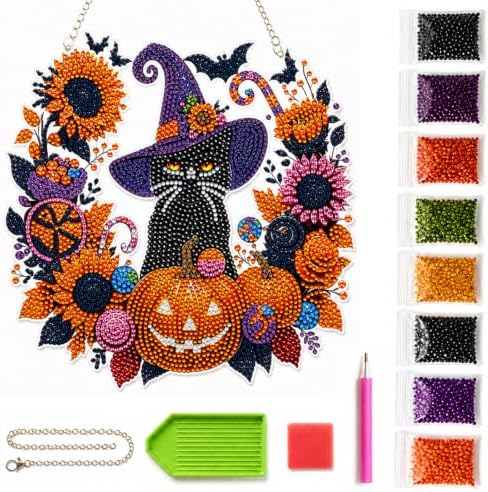 Silkivana Halloween Black Cat Moon Diamond Art Hanging Ornament Kit, Double Sided Faceted Rhinestone Suncatcher, DIY Window Hanging Pendant Decor for Indoor & Outdoor Home Wall Craft