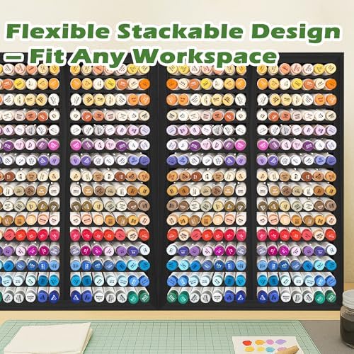 PROLEE Marker Organizer for 224 Markers, Wooden Alcohol Marker Holder with 32 Compartments, Horizontal Art Pen and Pencil Storage Rack for Desk, Classroom and Studio, Black