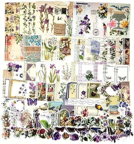 Esweny 200PCS Vintage Scrapbooking Supplies Kit, Scrapbook Sticker Paper Pack for for Planners Aesthetic Cottagecore Room Decor Wall Art Collage Album