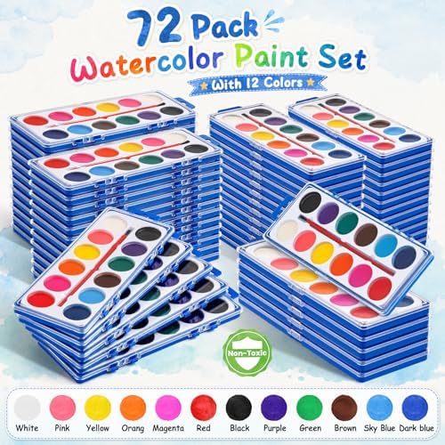72 Pack Watercolor Paint Set, 12 Colors Water Paint Bulk for Kids