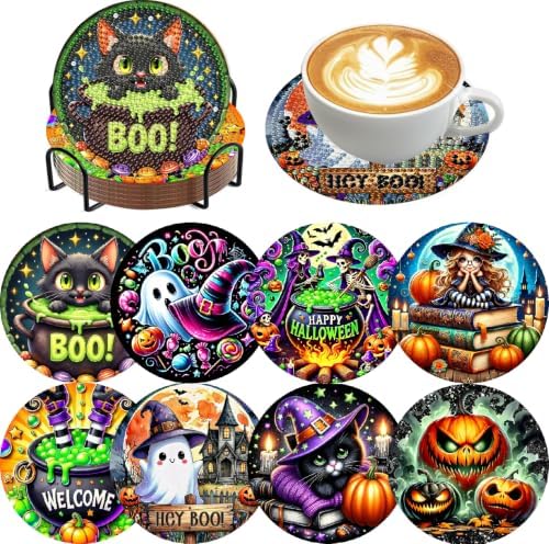 8 Pcs Diamond Art Coasters Kits for Adults,Halloween Diamond Painting Coaster Kits with Holder,Gem Art Paintings Crafts Supplies for Home Decor