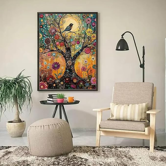 YUXUANKANG Diamond Painting Kit, Bird on Floral Tree, 12x16 Inch, Resin, DIY Craft Activity, Adult