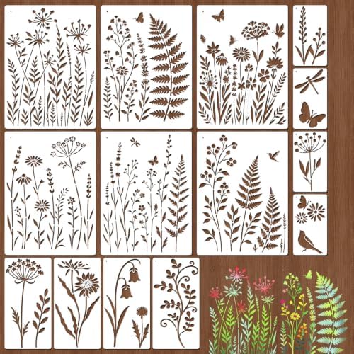 14 Pcs Plant & Wildflower Stencil Set for Painting, Large Botanical Painting Templates - Leaf, Dragonfly, Wildflower Nature Crafts Kit for DIY Furniture Wall Murals, Wood Signs, Home Decor