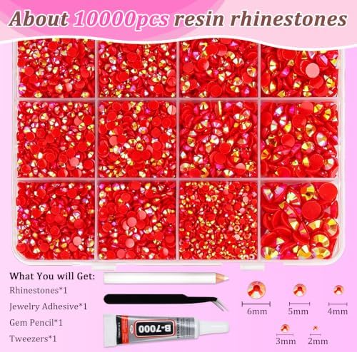 10000PCS Red AB Rhinestones Bedazzling Gems 2/3/4/5/6MM Mix Sizes Resin Jelly Bedazzler Kit Flatback with Complete Tools for DIY, Nail, Art Craft for Girls Gift